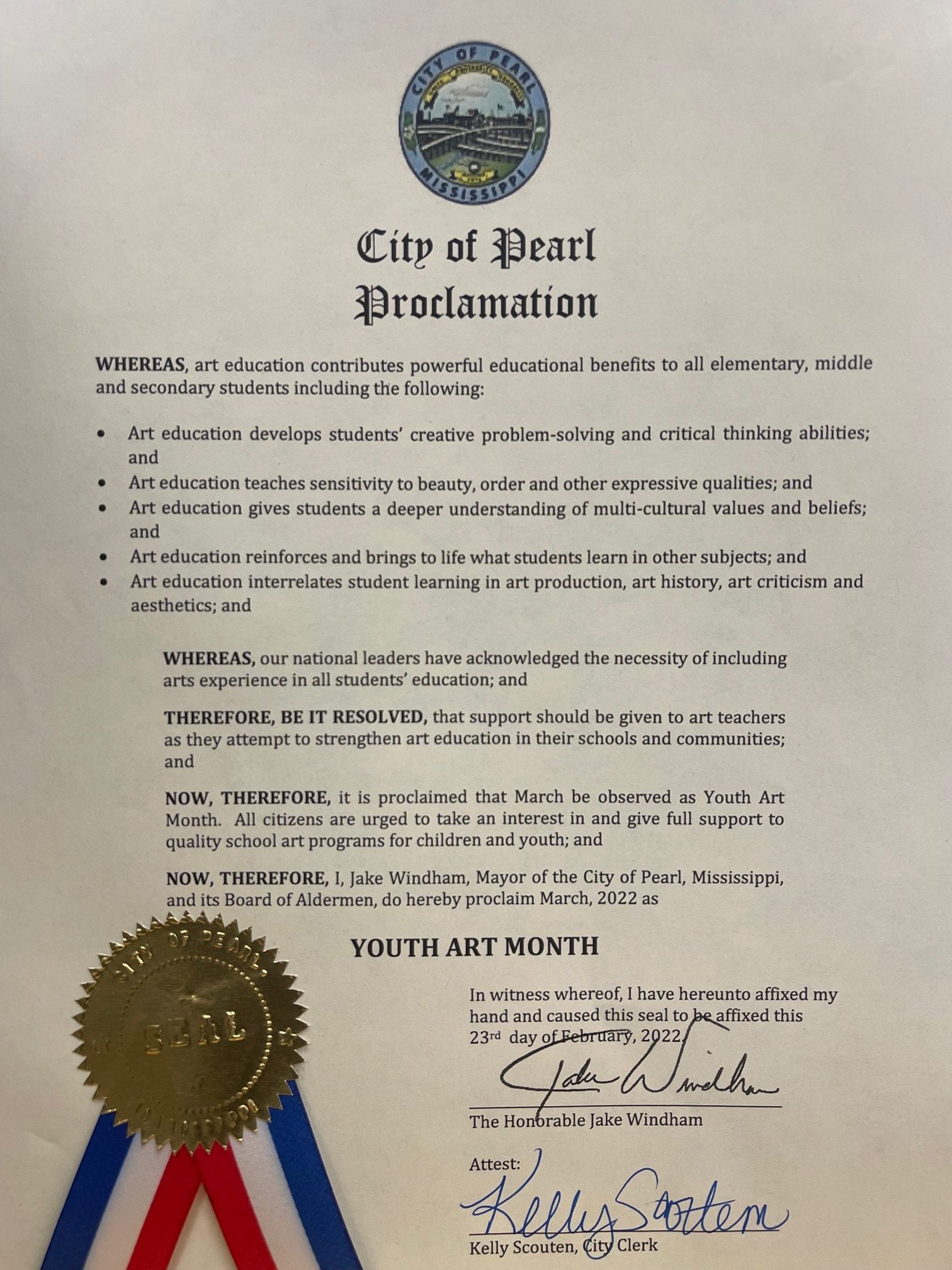 Mayor Proclaims March as Youth Art Month - City of Pearl